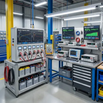 Aircraft battery capacity testing equipment in FAA-approved facility