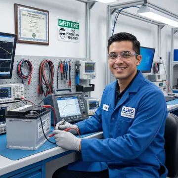 Aviation technician performing capacity test on aircraft battery