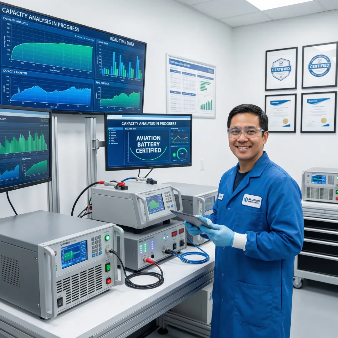 Modern FAA-approved battery testing facility with diagnostic equipment