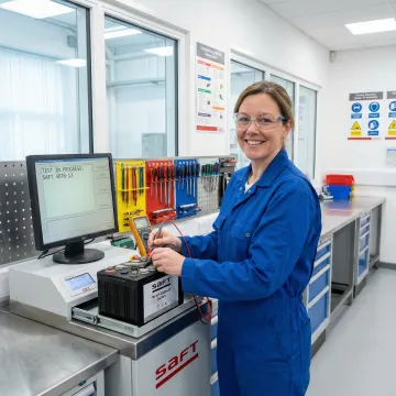 Professional technician servicing Saft aviation battery in certified repair facility