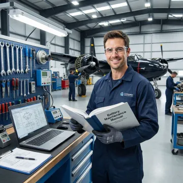 Aviation maintenance technician reviewing aircraft battery documentation