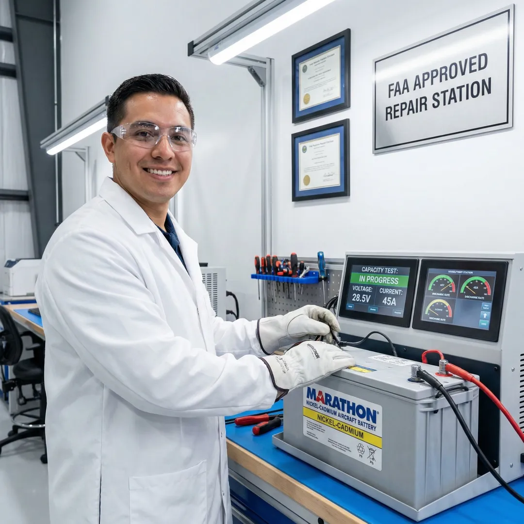 Aviation technician testing Marathon battery in certified facility