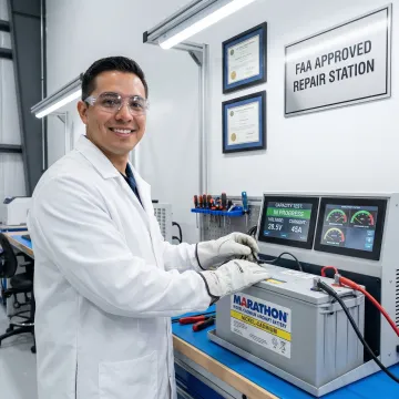 Aviation technician testing Marathon battery in certified facility