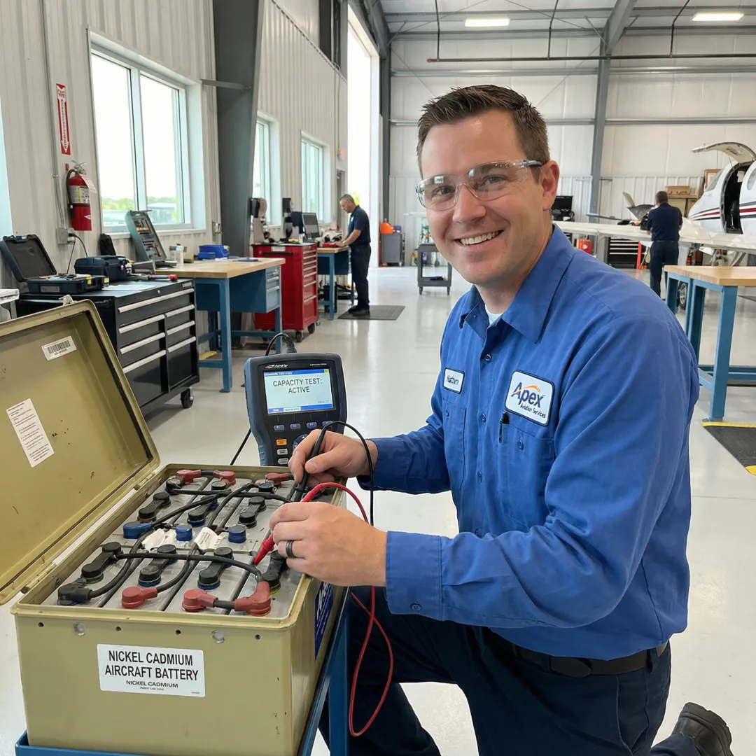 Technician conducting aviation battery capacity testing on Nickel Cadmium aircraft battery