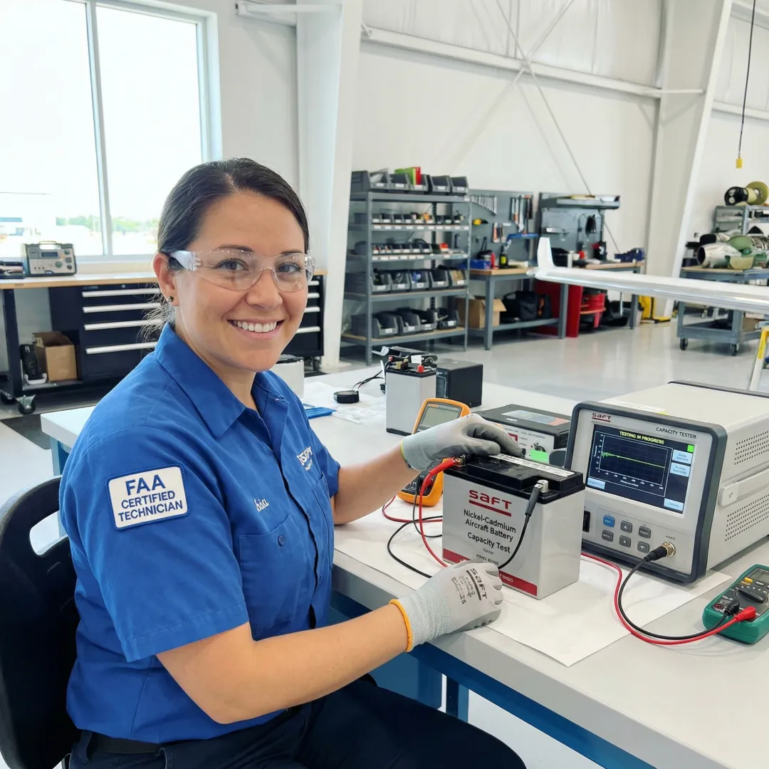 Saft aviation battery being serviced in professional repair facility