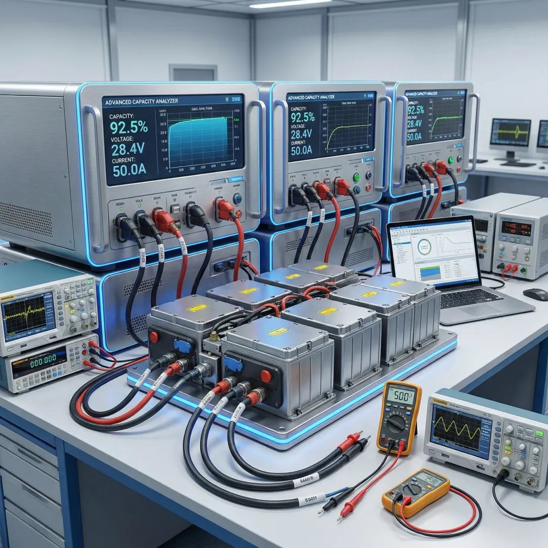 Aviation battery diagnostic testing equipment in repair facility