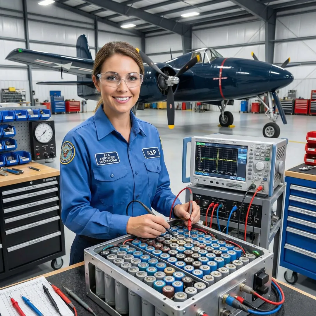 Aviation technician testing custom aircraft battery system