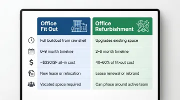 Office fit out versus refurbishment side-by-side comparison infographic NYC