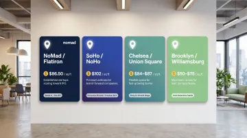 NYC startup neighborhood office rent comparison map by submarket Q4 2025