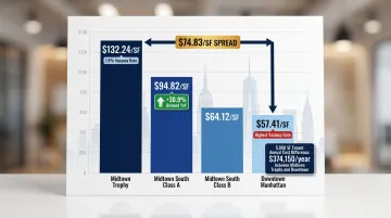 NYC office submarket rent comparison table Midtown to Downtown per square foot