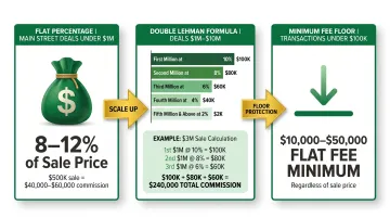 Business broker commission fee structures flat percentage Lehman formula and minimum fee tiers
