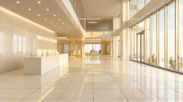 Modern commercial office building lobby with professional property management team present