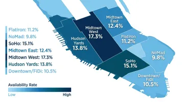 Manhattan commercial real estate submarket availability rate map with neighborhood data