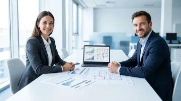 Startup founder and commercial real estate broker reviewing office lease scenario models together
