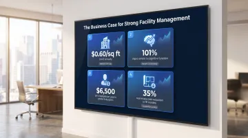 Commercial facility management business impact statistics showing cost savings and productivity gains