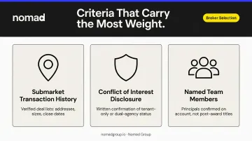 Three key broker evaluation criteria submarket history conflicts team seniority comparison