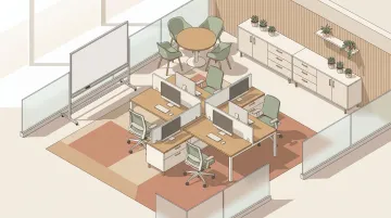 Office team neighborhood layout with clustered workstations huddle space and shared storage