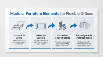 Modular office furniture types and flexible workspace reconfiguration options infographic