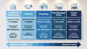 NYC startup office space five types comparison cost and commitment breakdown