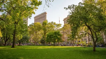 Madison Square Park Manhattan green space with Flatiron Building skyline backdrop