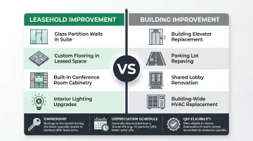 Leasehold improvement versus building improvement side-by-side comparison chart with examples