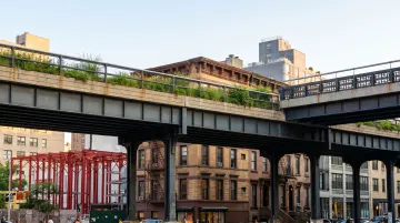 West Chelsea High Line office buildings with modern loft architecture and elevated park
