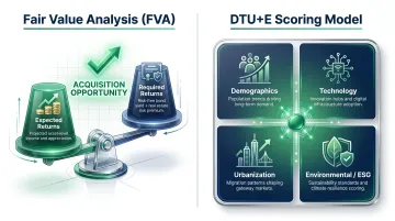 LaSalle Investment Management FVA framework and DTU+E acquisition scoring model diagram