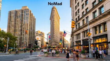 Flatiron NoMad Manhattan neighborhood street view with modern office buildings and amenities