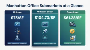 Manhattan office submarket rent comparison chart Uptown Midtown South Downtown