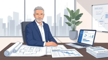 Business executive reviewing construction project timeline and budget documents in office