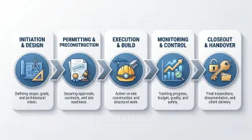 5-stage commercial construction project lifecycle process flow infographic