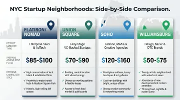 NYC startup neighborhood comparison chart with rent ranges and best use cases