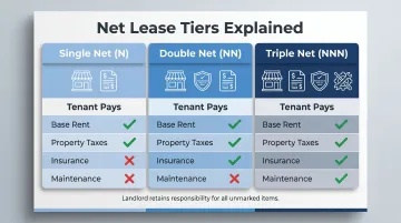 Three-tier net lease comparison showing single double and triple net structures