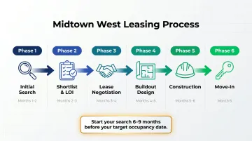 6-month Midtown West direct office lease timeline from search to move-in