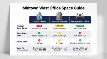 Three Midtown West office space types compared by stage headcount cost and flexibility