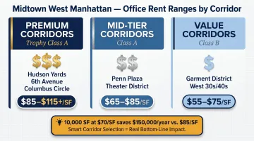 Midtown West office rent tiers by sub-neighborhood premium mid-tier and value corridors