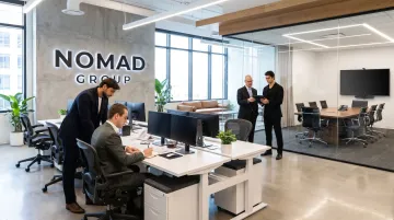 Nomad Group completed startup office buildout showing branded dedicated workspace in Flatiron NYC