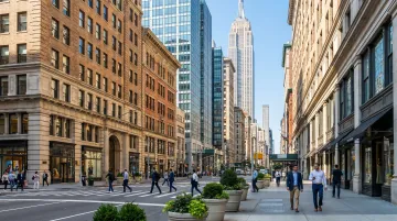 Manhattan Midtown South office district street view with commercial buildings and foot traffic