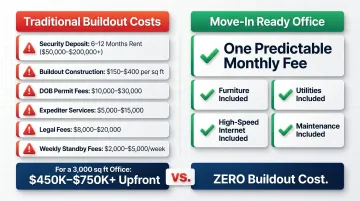 Traditional NYC office buildout hidden costs breakdown versus move-in ready monthly fee