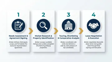 4-step tenant representation process from needs assessment to lease execution flow diagram