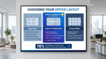 Three office layout types comparison open plan private hybrid collaborative infographic