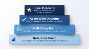 Four-part startup lease negotiation strategy framework from ideal to walk-away