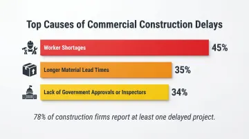 Top three commercial construction project delay causes with percentage statistics breakdown