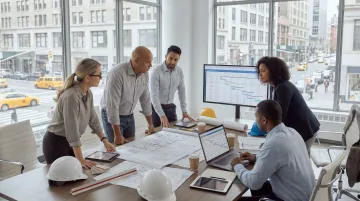Construction management team reviewing NYC office buildout plans and project documentation