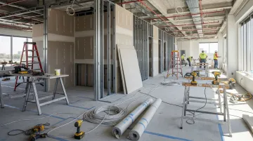 NYC commercial office buildout construction in progress with workers and open floor plan