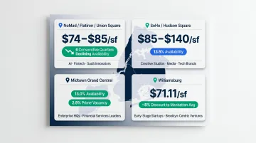NYC startup office neighborhood comparison map showing rent ranges and key tenant profiles