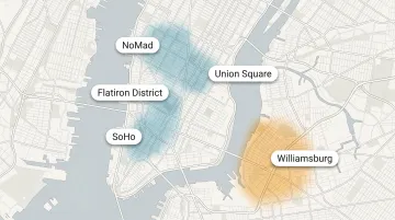 NYC startup neighborhood office corridor map showing NoMad Flatiron SoHo Williamsburg submarkets
