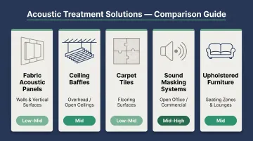 Five acoustic treatment solutions comparison table by application and budget level
