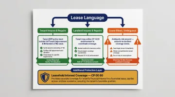 Three commercial lease TIB responsibility scenarios and leasehold interest coverage infographic