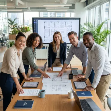 Startup team reviewing office space plans